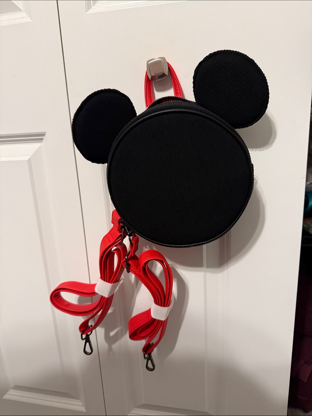 Black Mickey Ear Corduroy Crossbody/Backpack Bag with Red Strap